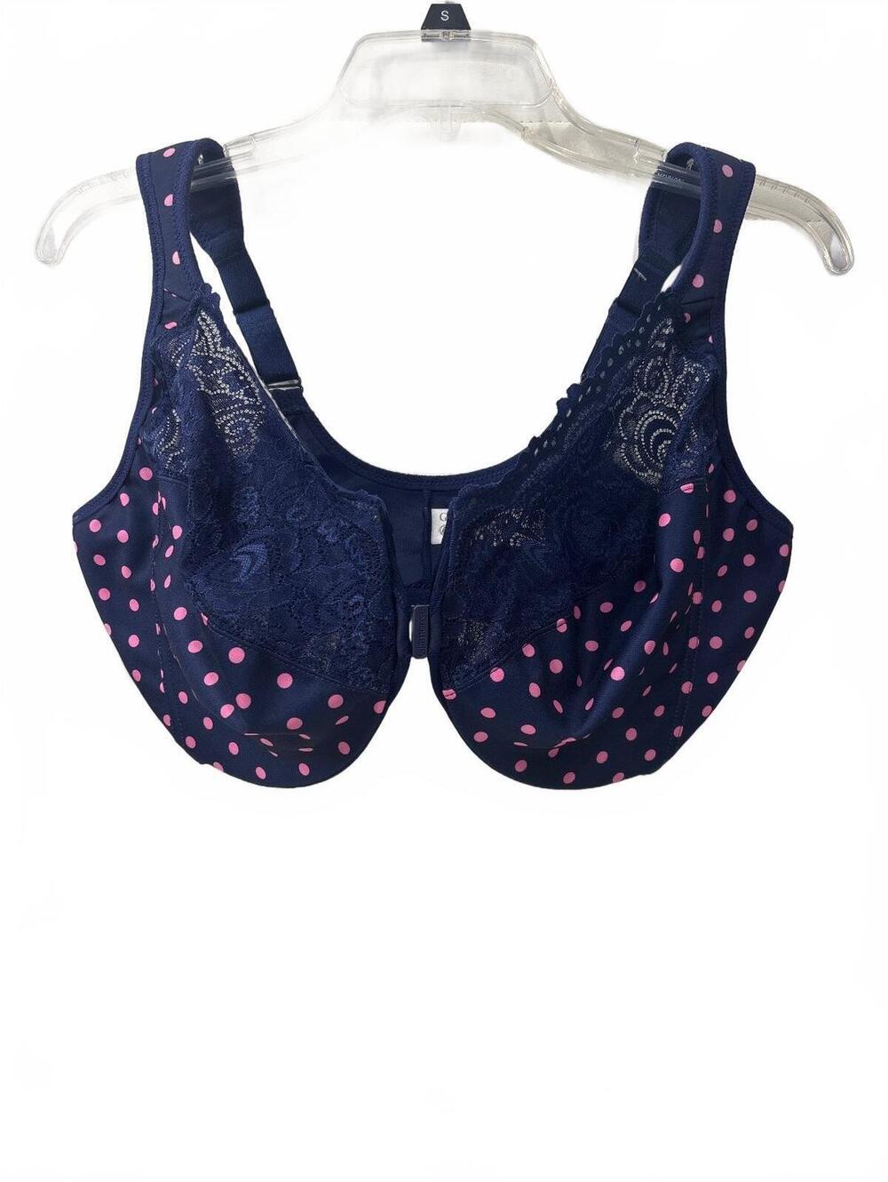 Glamorise Navy Blue and Pink Polka Dot Lace Bra Size 40H